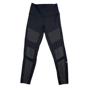 Alo Yoga Moto Leggings Women's Size S Black Ribbed‎ Panel High Waist Stretch EUC